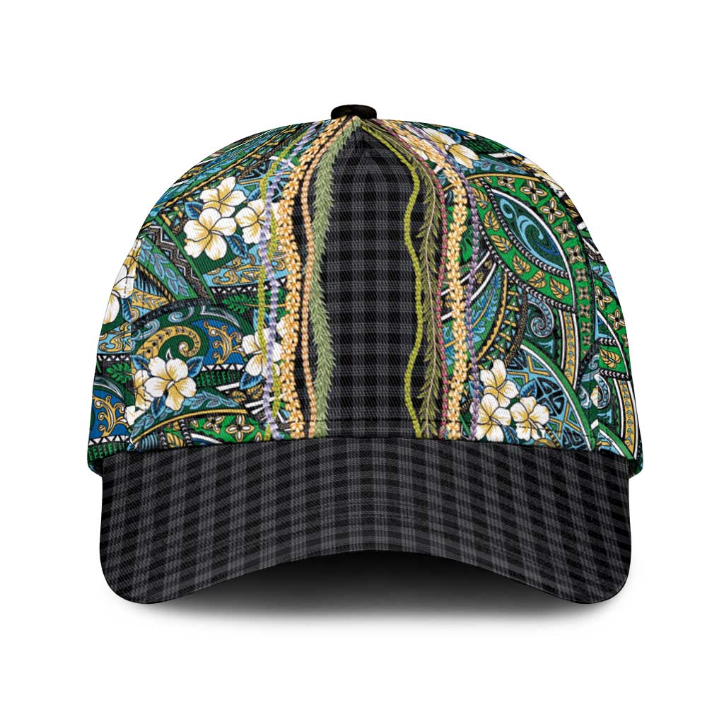 Hawaiian Art Flower Tribal with Lei Classic Cap Palaka Pattern Black Color LT03 Universal Fit Black - Polynesian Pride