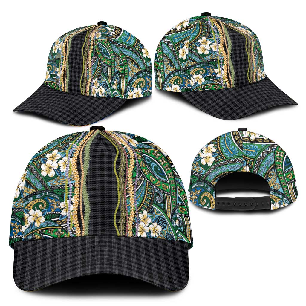 Hawaiian Art Flower Tribal with Lei Classic Cap Palaka Pattern Black Color LT03 - Polynesian Pride