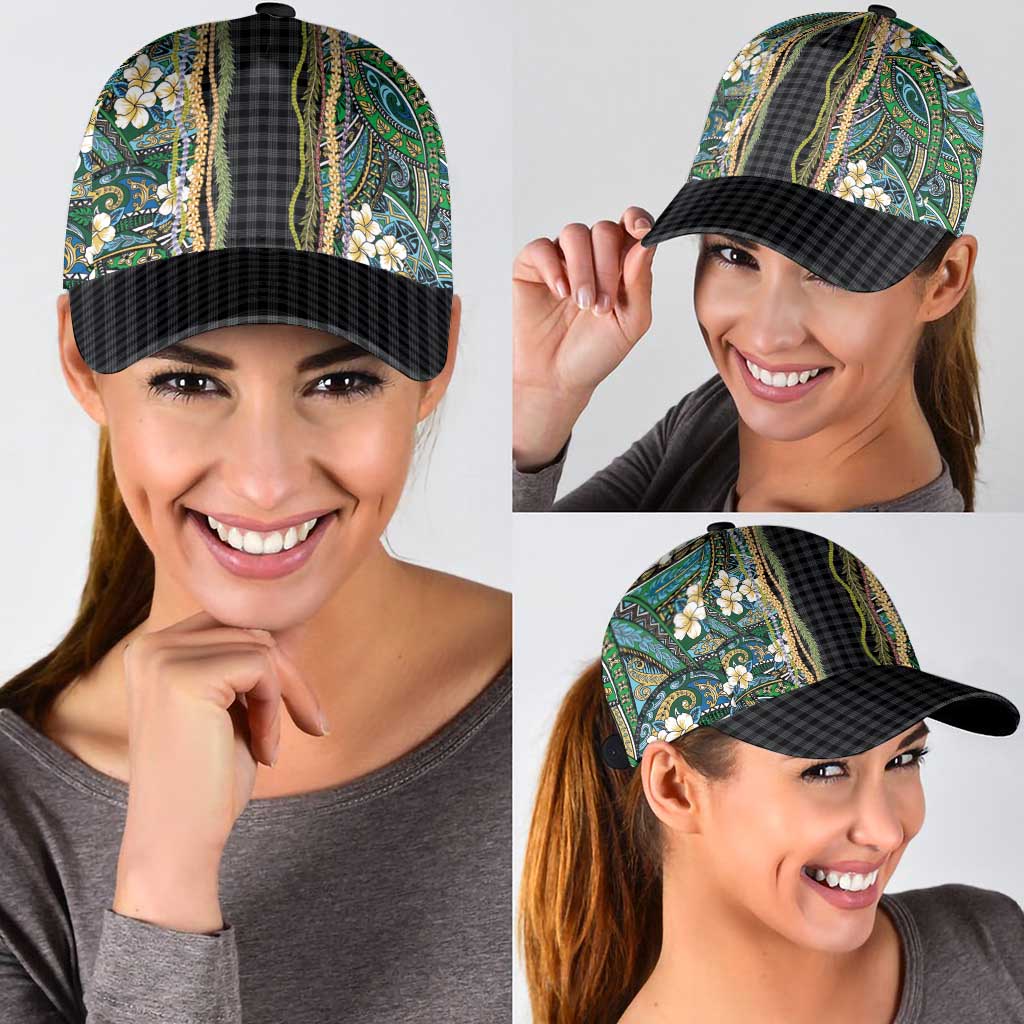 Hawaiian Art Flower Tribal with Lei Classic Cap Palaka Pattern Black Color LT03 - Polynesian Pride