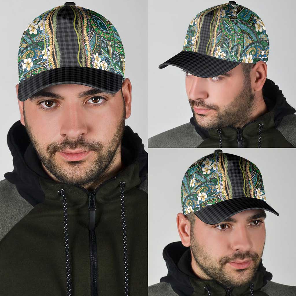 Hawaiian Art Flower Tribal with Lei Classic Cap Palaka Pattern Black Color LT03 - Polynesian Pride