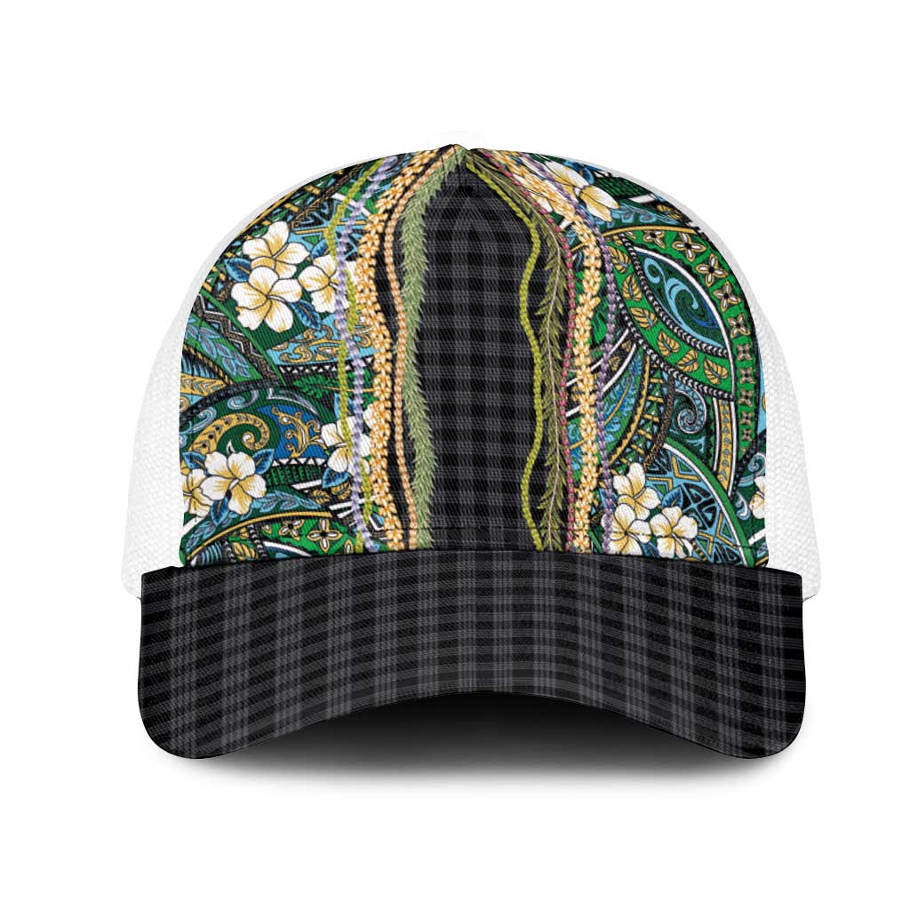 Hawaiian Art Flower Tribal with Lei Mesh Trucker Cap Palaka Pattern Black Color LT03 One Size White Black - Polynesian Pride