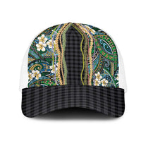 Hawaiian Art Flower Tribal with Lei Mesh Trucker Cap Palaka Pattern Black Color LT03 One Size White Black - Polynesian Pride