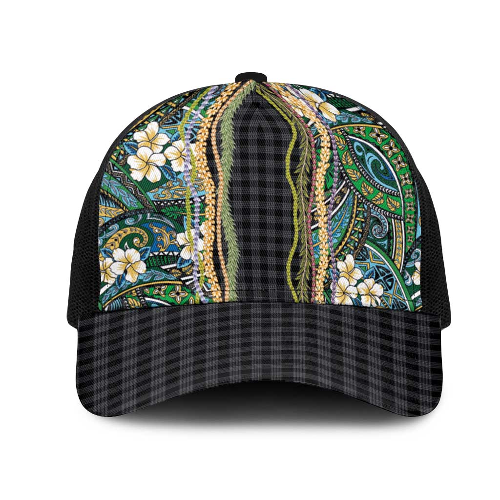 Hawaiian Art Flower Tribal with Lei Mesh Trucker Cap Palaka Pattern Black Color LT03 One Size Black Black - Polynesian Pride