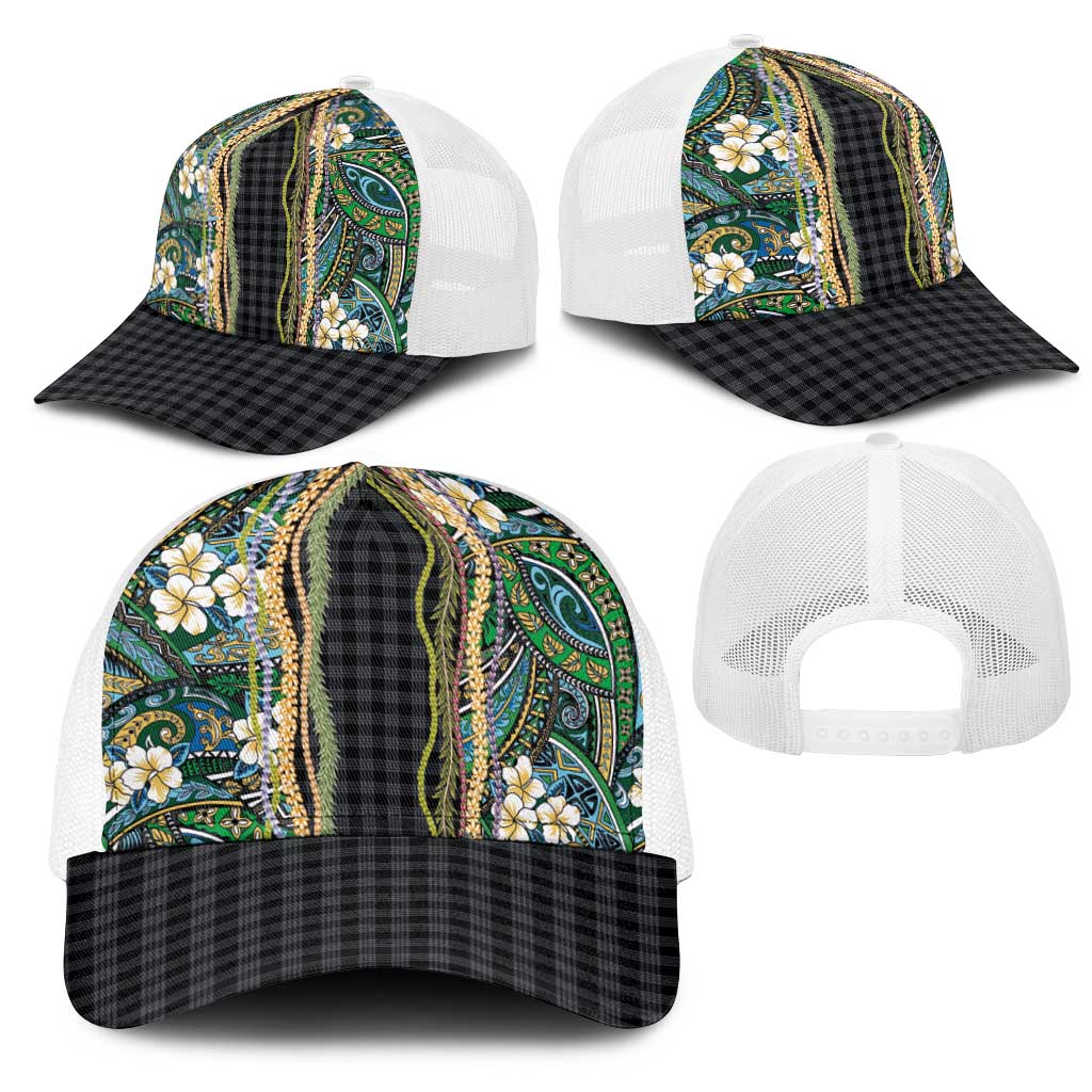 Hawaiian Art Flower Tribal with Lei Mesh Trucker Cap Palaka Pattern Black Color LT03 - Polynesian Pride