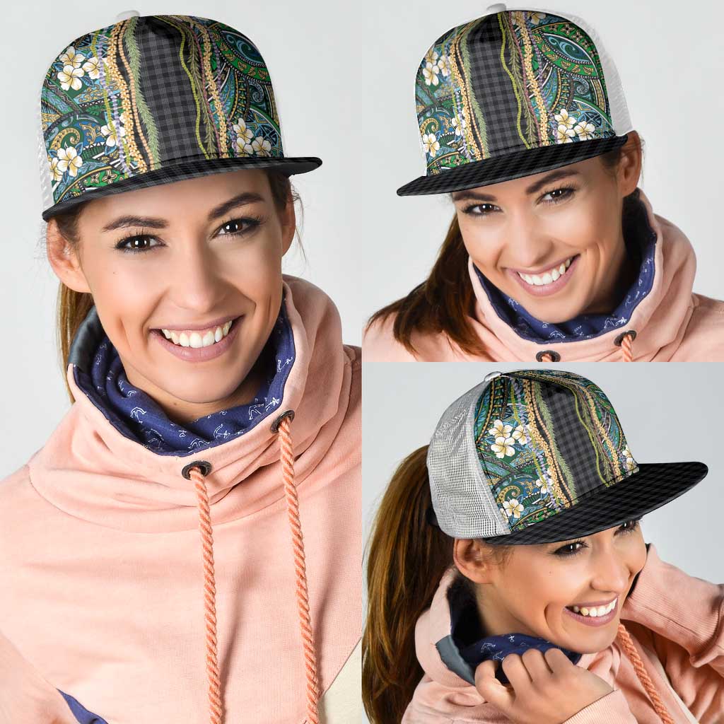 Hawaiian Art Flower Tribal with Lei Mesh Trucker Cap Palaka Pattern Black Color LT03 - Polynesian Pride