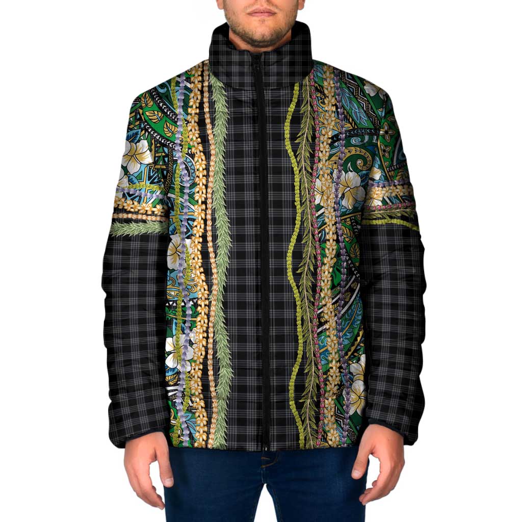 Hawaiian Art Flower Tribal with Lei Padded Jacket Palaka Pattern Black Color LT03 Men Black - Polynesian Pride