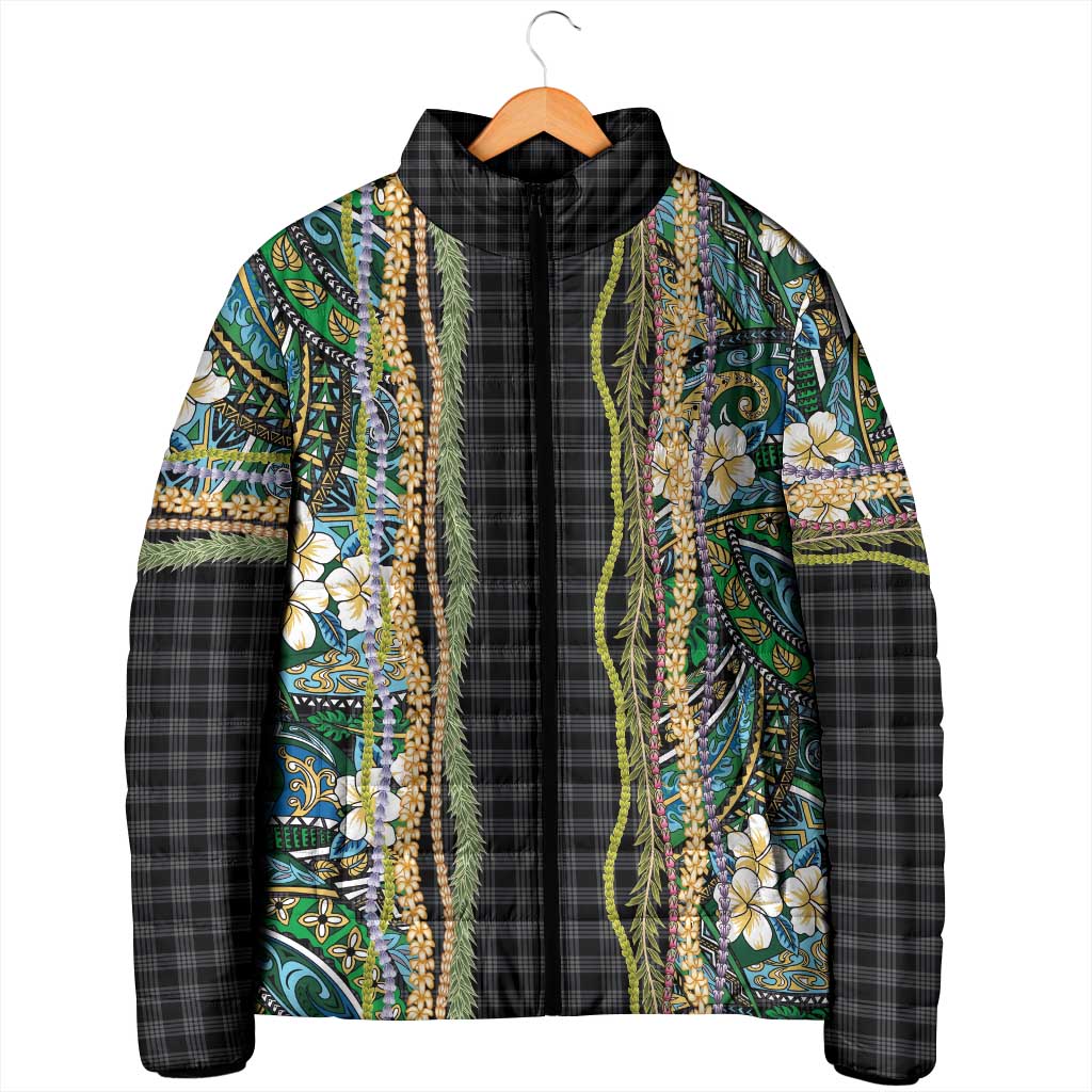 Hawaiian Art Flower Tribal with Lei Padded Jacket Palaka Pattern Black Color LT03 - Polynesian Pride