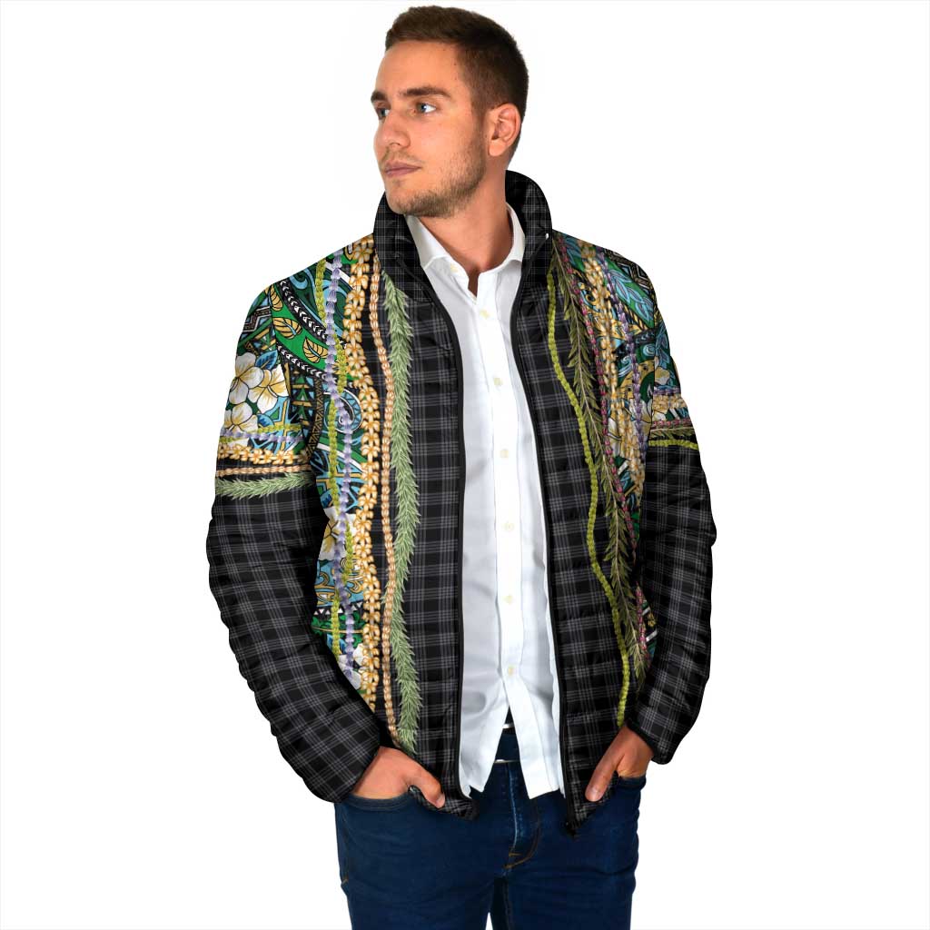 Hawaiian Art Flower Tribal with Lei Padded Jacket Palaka Pattern Black Color LT03 - Polynesian Pride