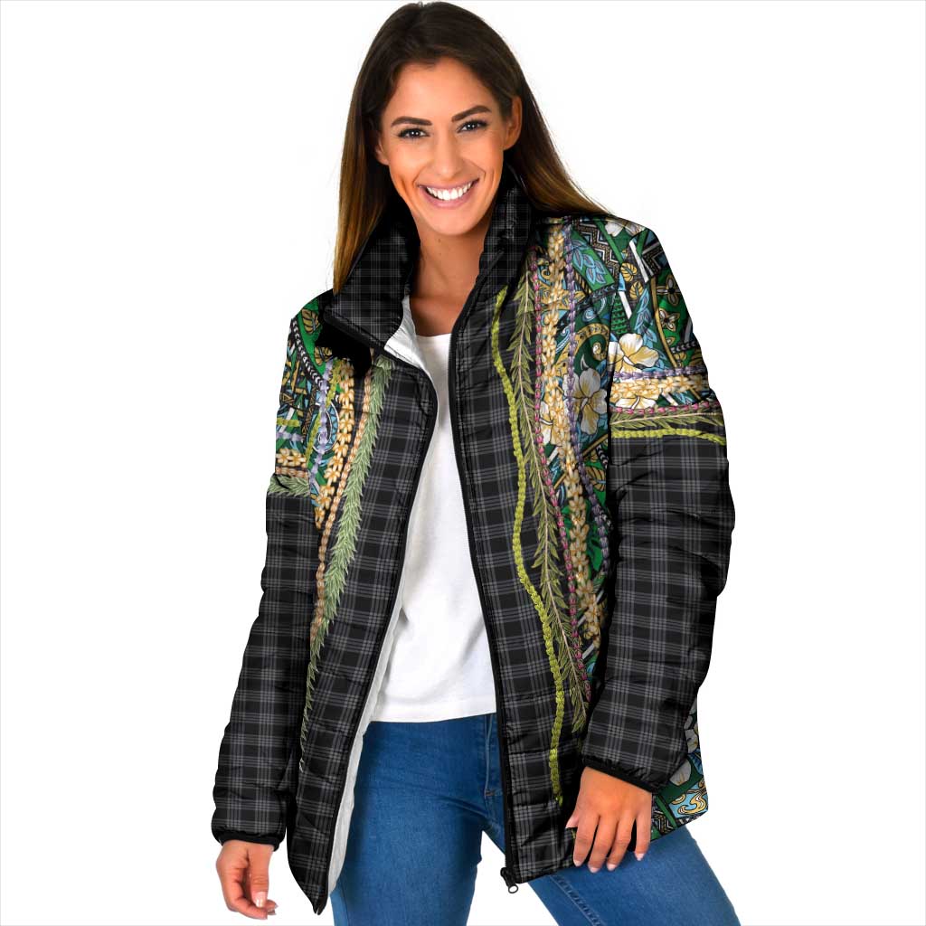 Hawaiian Art Flower Tribal with Lei Padded Jacket Palaka Pattern Black Color LT03 Women Black - Polynesian Pride