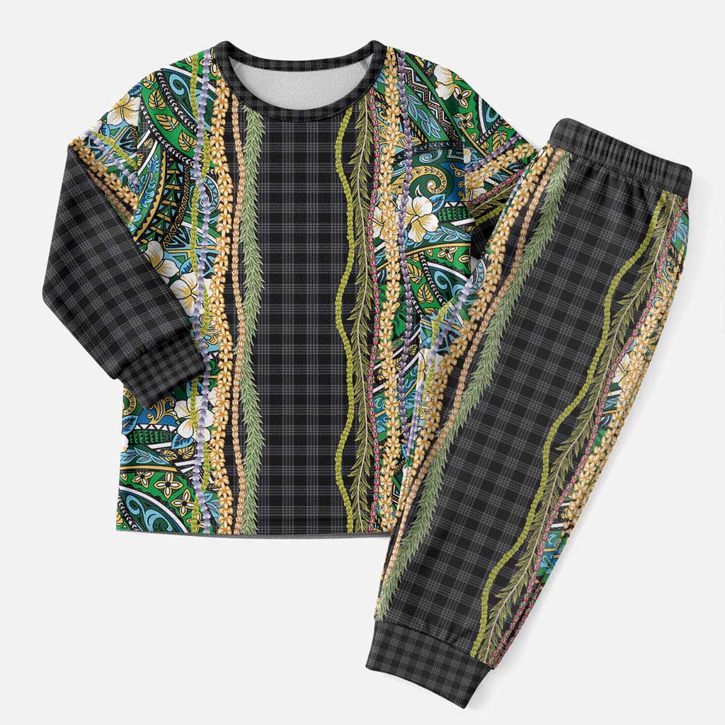 Hawaiian Art Flower Tribal with Lei Christmas Pajama Set Palaka Pattern Black Color LT03 Men Black - Polynesian Pride