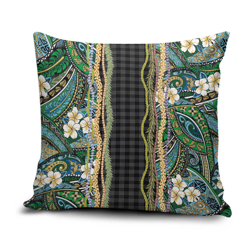 Hawaiian Art Flower Tribal with Lei Pillow Cover Palaka Pattern Black Color LT03 Black - Polynesian Pride