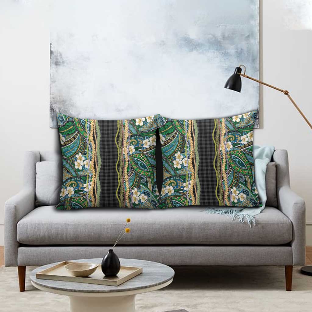 Hawaiian Art Flower Tribal with Lei Pillow Cover Palaka Pattern Black Color LT03 - Polynesian Pride