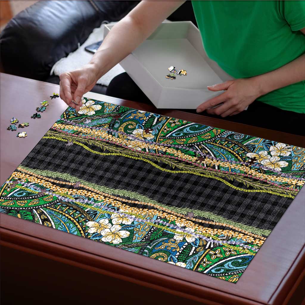 Hawaiian Art Flower Tribal with Lei Puzzle Palaka Pattern Black Color LT03 - Polynesian Pride