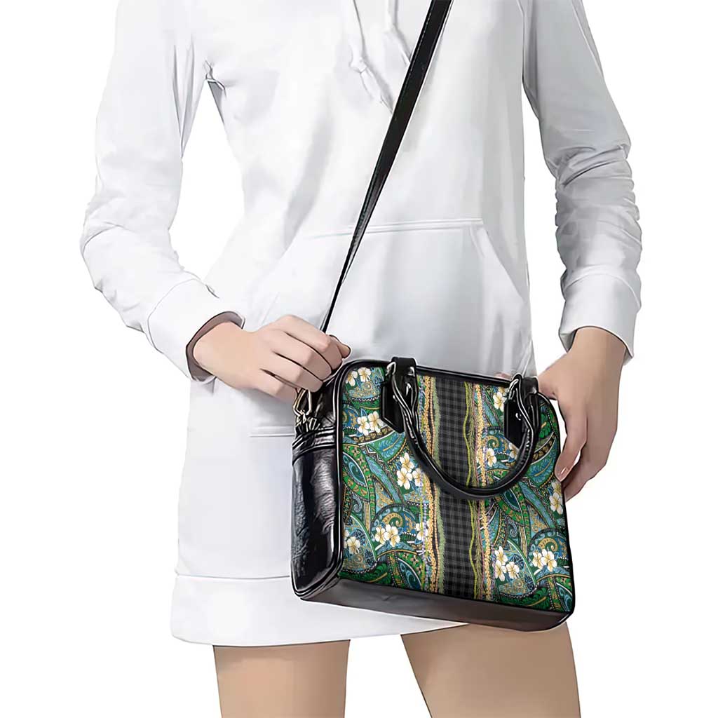 Hawaiian Art Flower Tribal with Lei Shoulder Handbag Palaka Pattern Black Color LT03 - Polynesian Pride