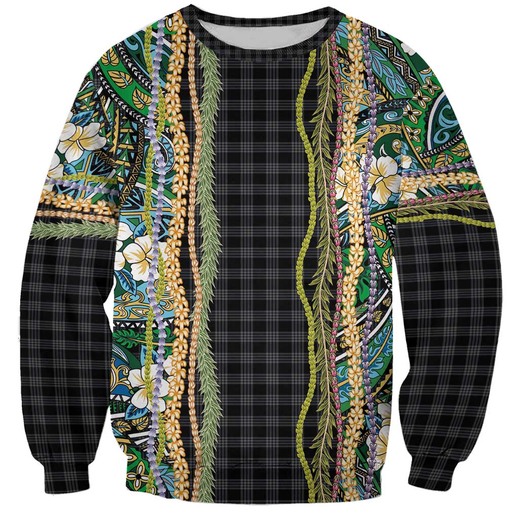 Hawaiian Art Flower Tribal with Lei Sweatshirt Palaka Pattern Black Color LT03 Unisex Black - Polynesian Pride