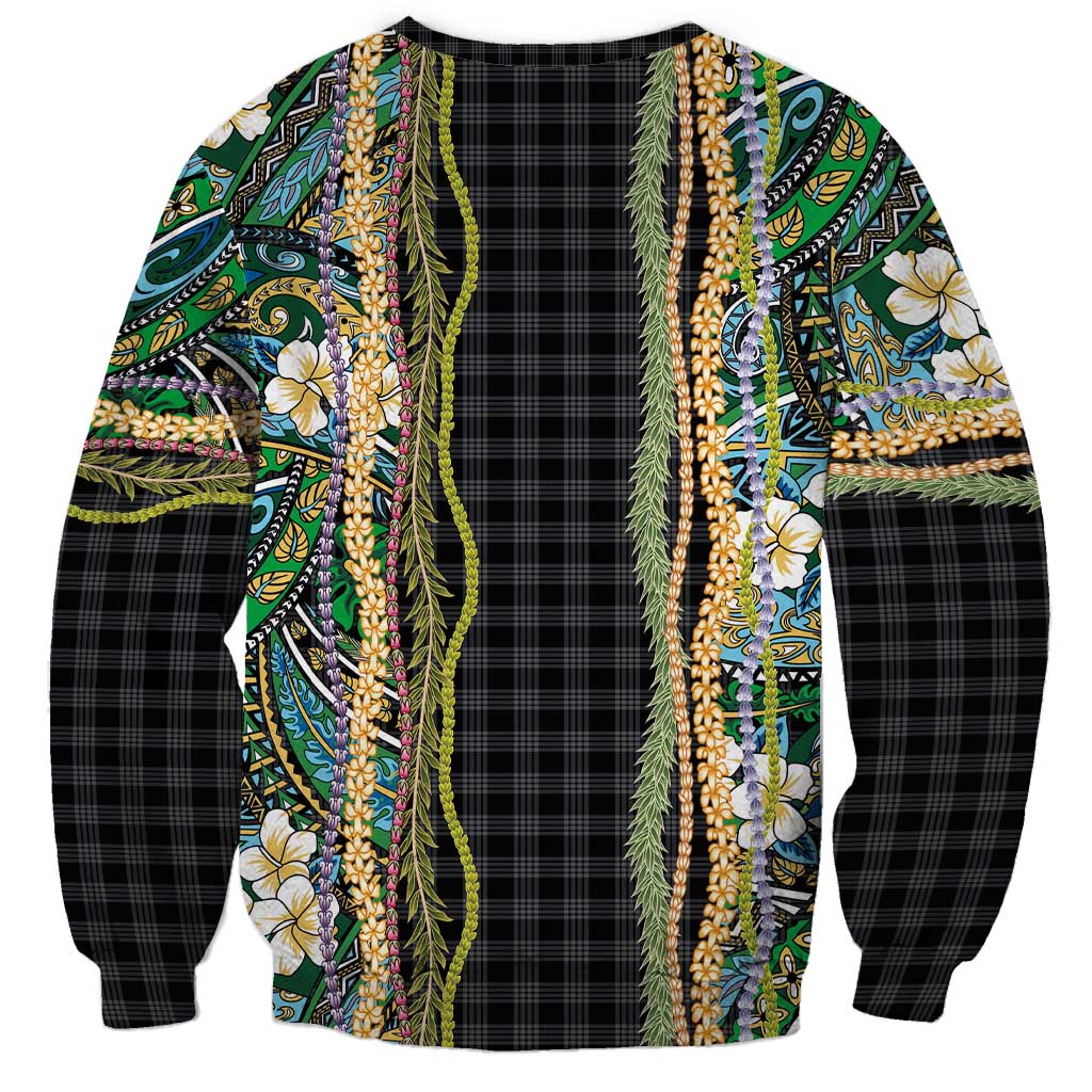 Hawaiian Art Flower Tribal with Lei Sweatshirt Palaka Pattern Black Color LT03 - Polynesian Pride