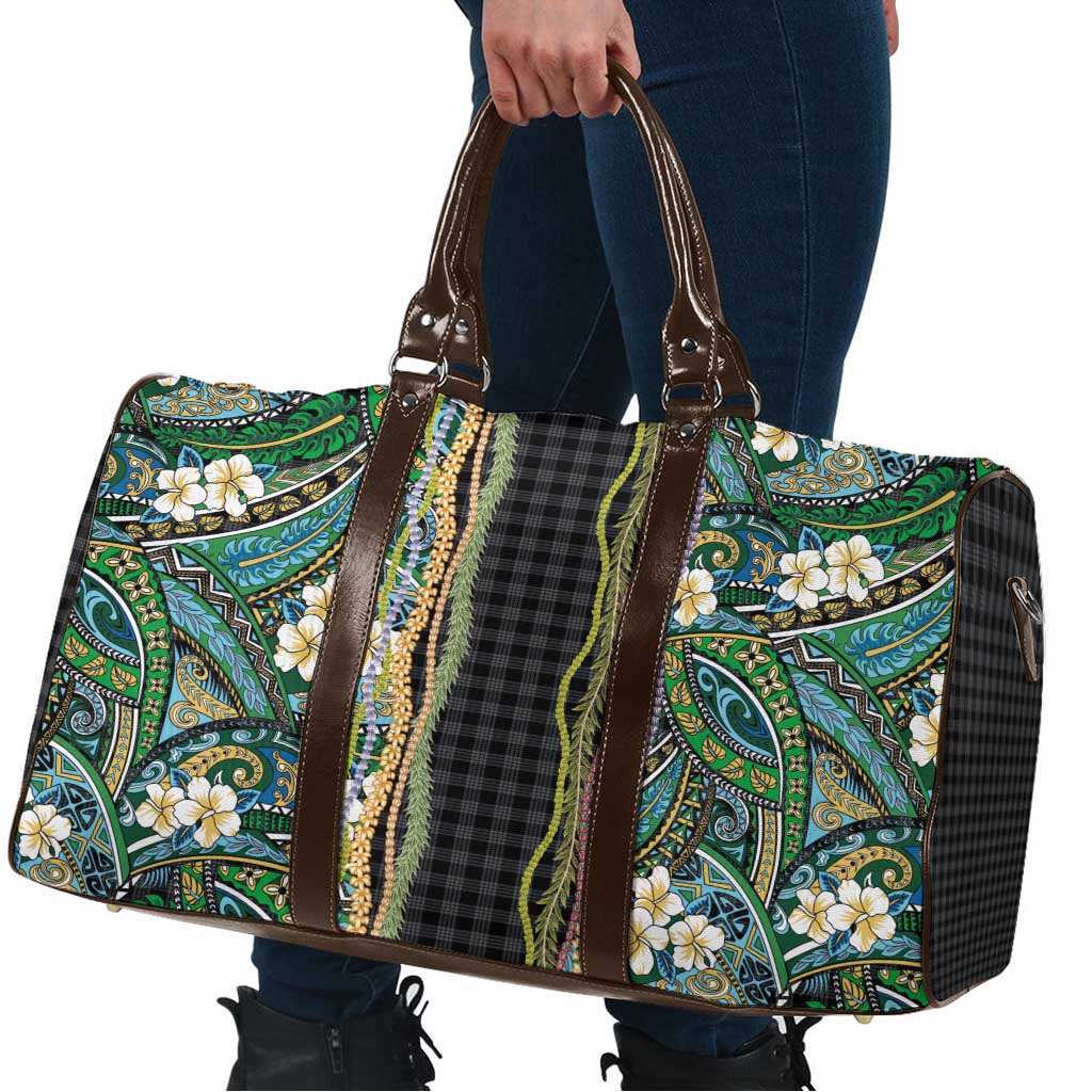 Hawaiian Art Flower Tribal with Lei Travel Bag Palaka Pattern Black Color LT03 - Polynesian Pride