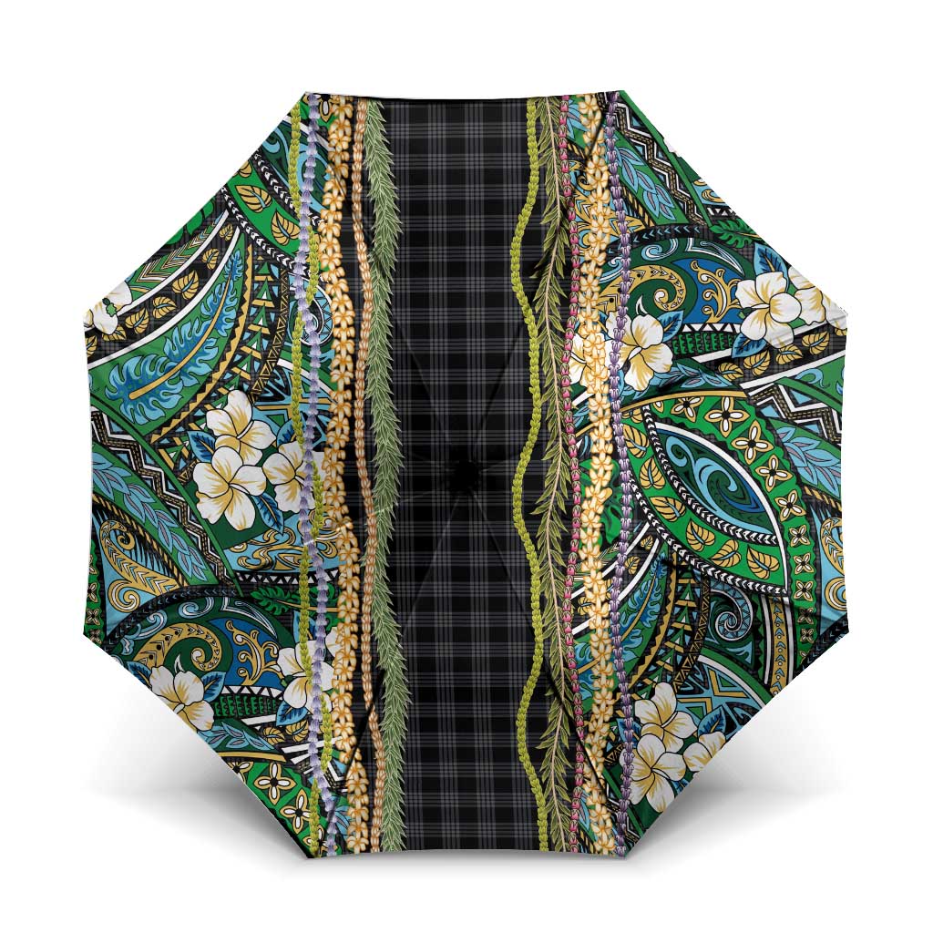 Hawaiian Art Flower Tribal with Lei Umbrella Palaka Pattern Black Color LT03 One Size Folded 11.42 inch Opened Diameter 37.4 inch Black - Polynesian Pride