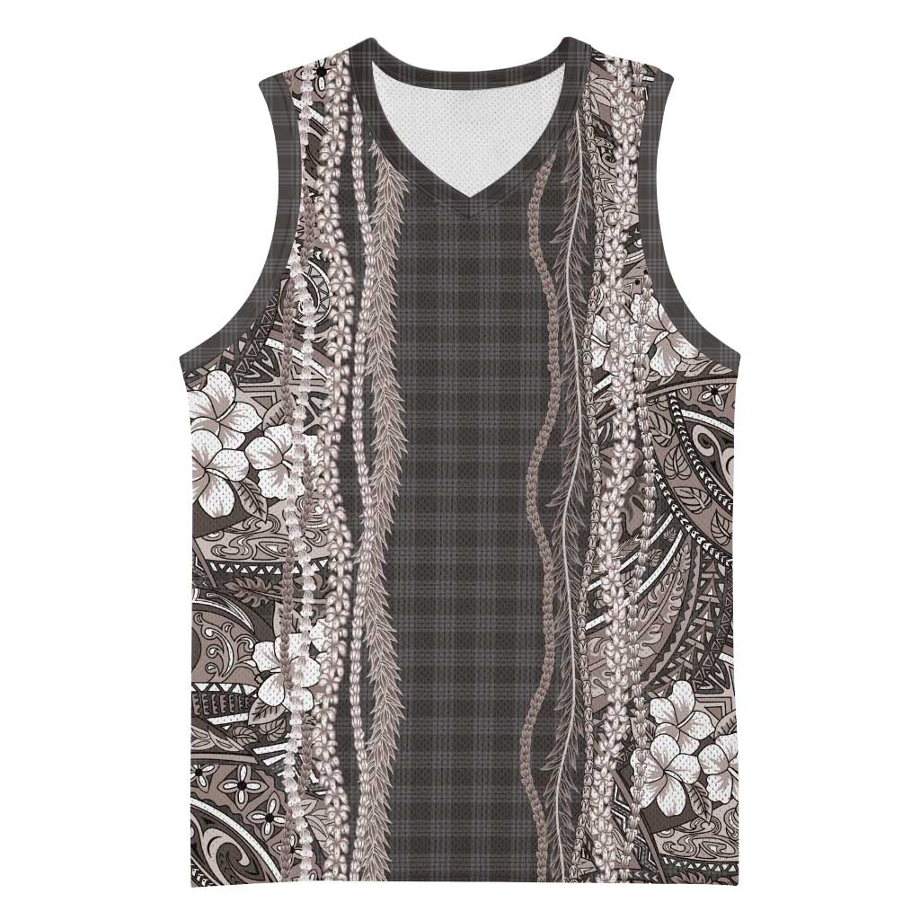 Hawaiian Art Flower Tribal with Lei Basketball Jersey Palaka Pattern Grayscale LT03 Unisex Gray - Polynesian Pride