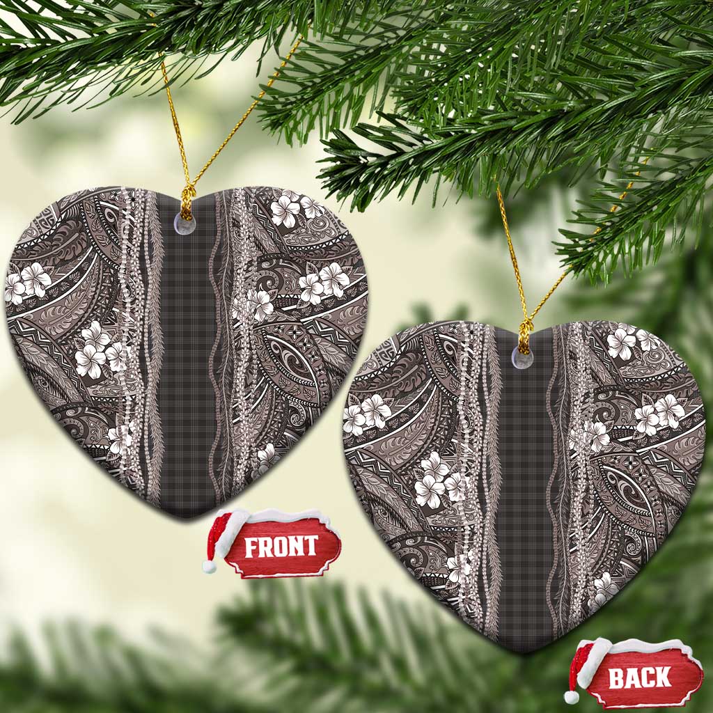 Hawaiian Art Flower Tribal with Lei Ceramic Ornament Palaka Pattern Grayscale LT03 Heart Gray - Polynesian Pride