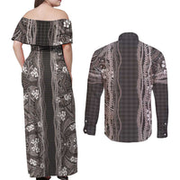 Hawaiian Art Flower Tribal with Lei Couples Matching Off Shoulder Maxi Dress and Long Sleeve Button Shirt Palaka Pattern Grayscale LT03 - Polynesian Pride