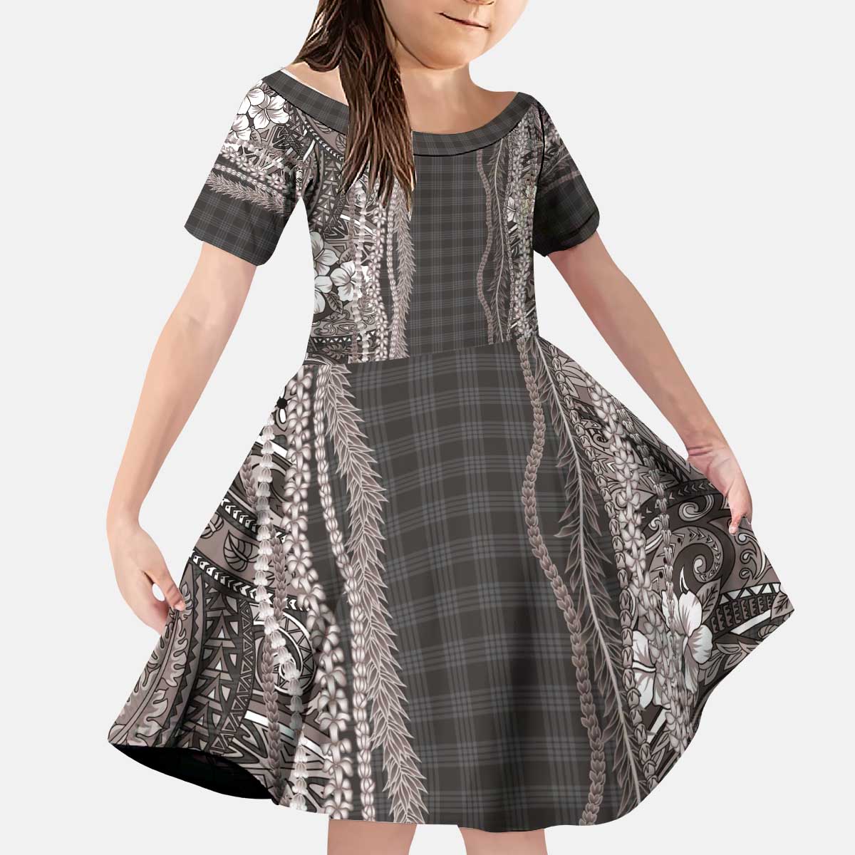 Hawaiian Art Flower Tribal with Lei Kid Short Sleeve Dress Palaka Pattern Grayscale LT03 KID Gray - Polynesian Pride