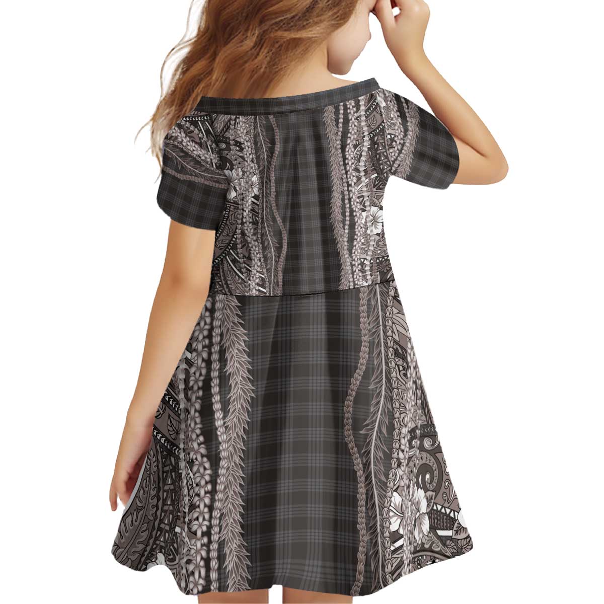 Hawaiian Art Flower Tribal with Lei Kid Short Sleeve Dress Palaka Pattern Grayscale LT03 - Polynesian Pride