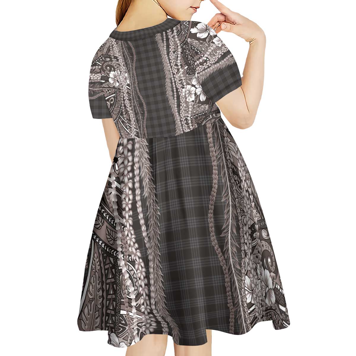 Hawaiian Art Flower Tribal with Lei Kid Short Sleeve Dress Palaka Pattern Grayscale LT03 - Polynesian Pride