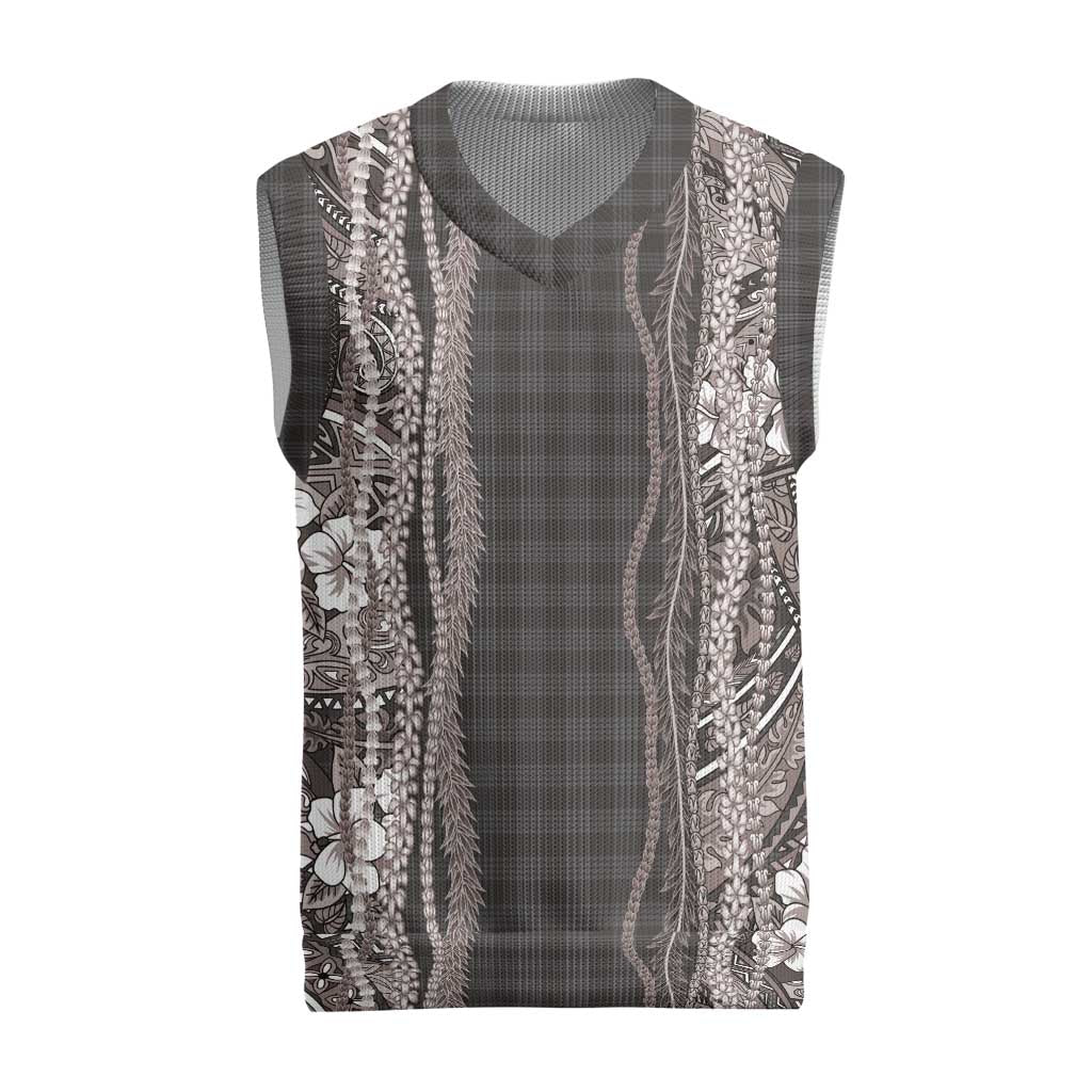 Hawaiian Art Flower Tribal with Lei Christmas Knitted V-Neck Vest Palaka Pattern Grayscale LT03 Gray - Polynesian Pride