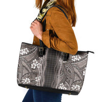 Hawaiian Art Flower Tribal with Lei Leather Tote Bag Palaka Pattern Grayscale LT03 Gray - Polynesian Pride