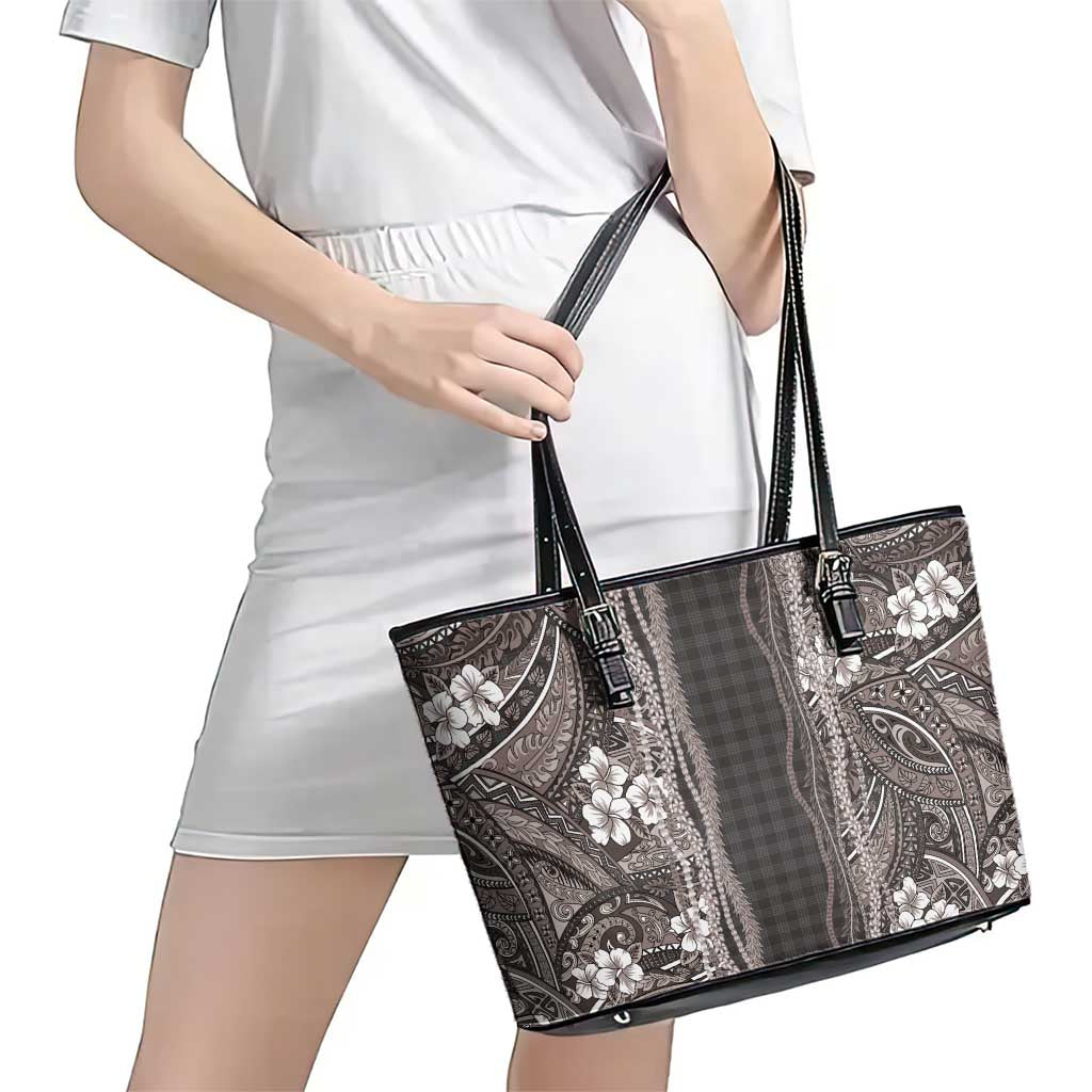 Hawaiian Art Flower Tribal with Lei Leather Tote Bag Palaka Pattern Grayscale LT03 - Polynesian Pride