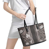 Hawaiian Art Flower Tribal with Lei Leather Tote Bag Palaka Pattern Grayscale LT03 - Polynesian Pride