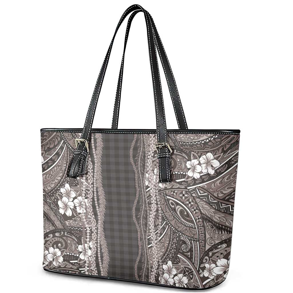 Hawaiian Art Flower Tribal with Lei Leather Tote Bag Palaka Pattern Grayscale LT03 - Polynesian Pride