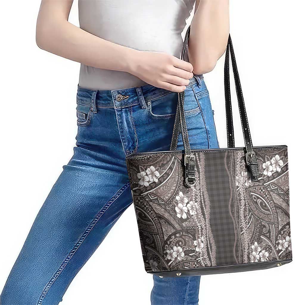 Hawaiian Art Flower Tribal with Lei Leather Tote Bag Palaka Pattern Grayscale LT03 - Polynesian Pride