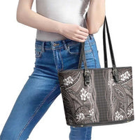 Hawaiian Art Flower Tribal with Lei Leather Tote Bag Palaka Pattern Grayscale LT03 - Polynesian Pride