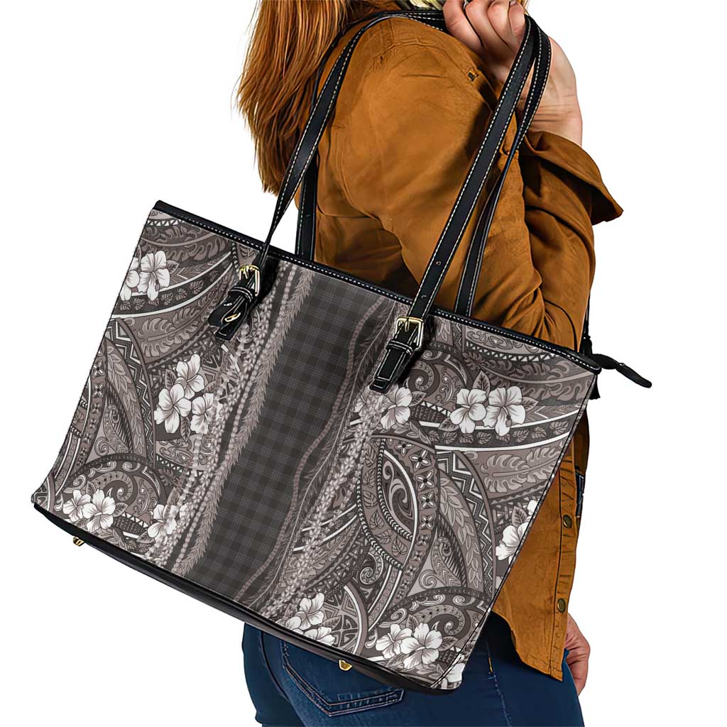 Hawaiian Art Flower Tribal with Lei Leather Tote Bag Palaka Pattern Grayscale LT03 - Polynesian Pride