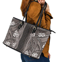 Hawaiian Art Flower Tribal with Lei Leather Tote Bag Palaka Pattern Grayscale LT03 - Polynesian Pride