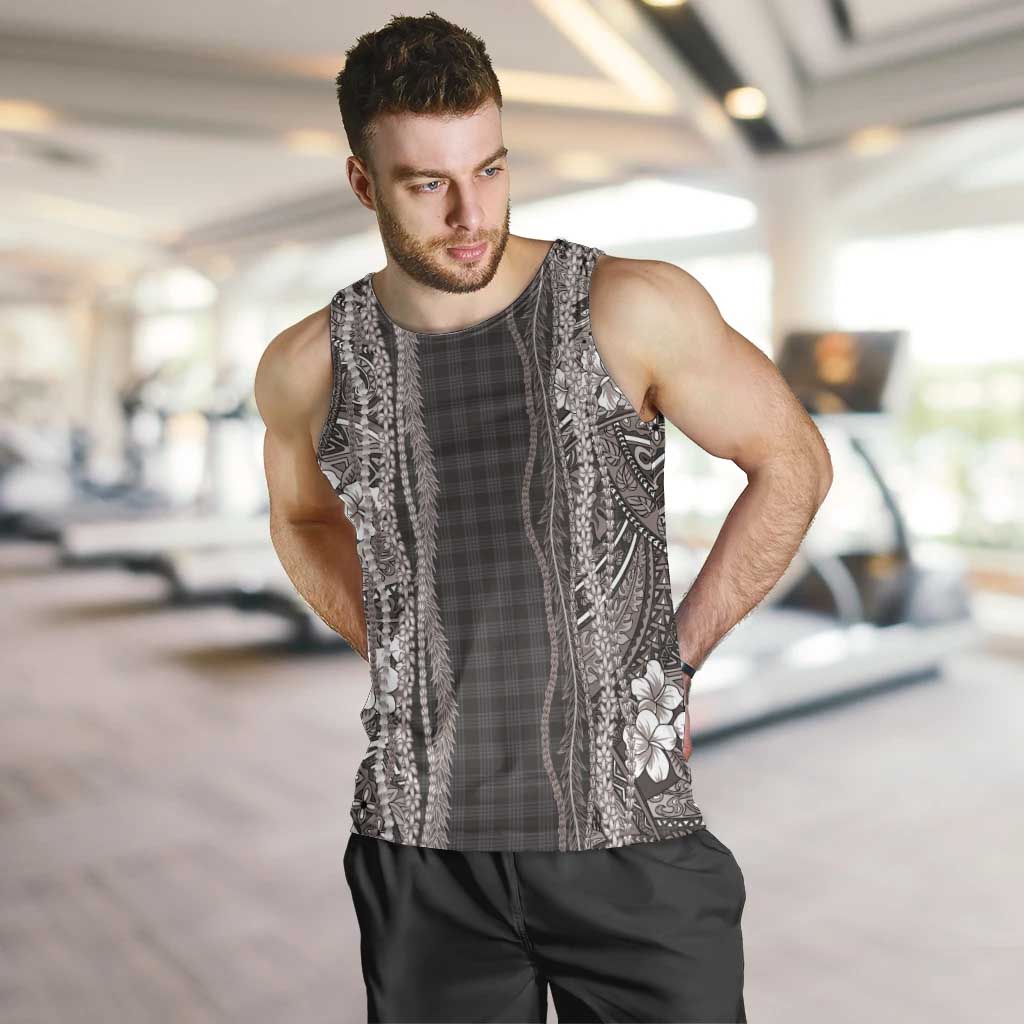 Hawaiian Art Flower Tribal with Lei Men Tank Top Palaka Pattern Grayscale LT03 Gray - Polynesian Pride