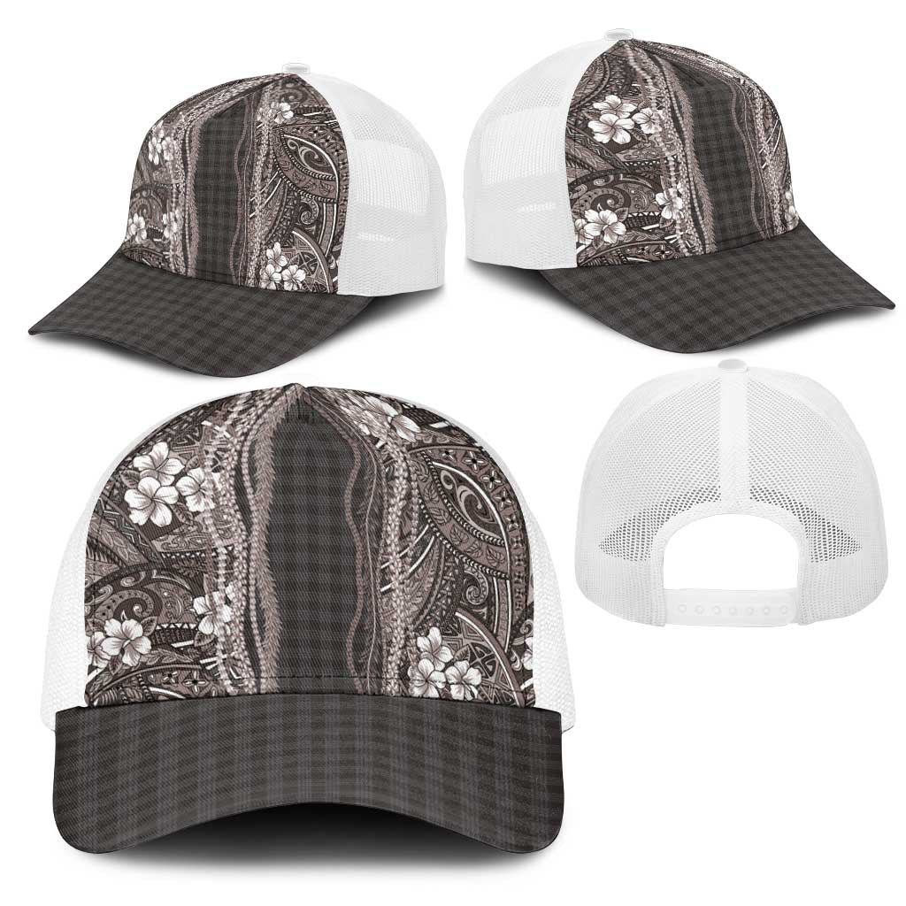 Hawaiian Art Flower Tribal with Lei Mesh Trucker Cap Palaka Pattern Grayscale LT03 - Polynesian Pride