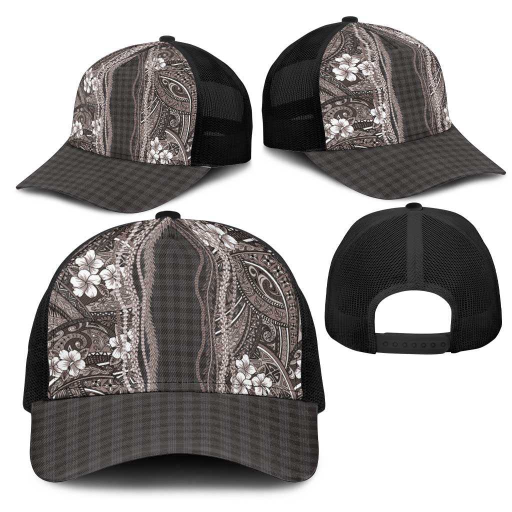 Hawaiian Art Flower Tribal with Lei Mesh Trucker Cap Palaka Pattern Grayscale LT03 - Polynesian Pride