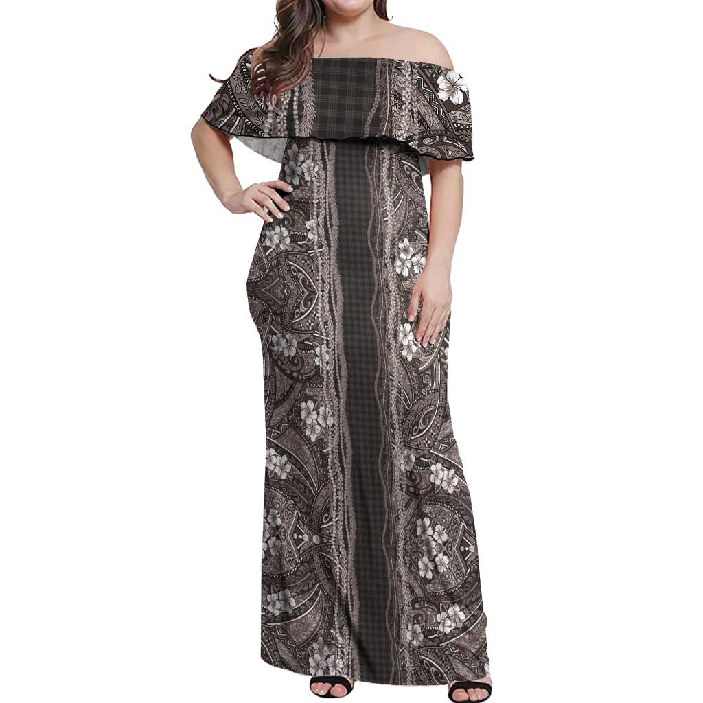 Hawaiian Art Flower Tribal with Lei Off Shoulder Maxi Dress Palaka Pattern Grayscale LT03 Women Gray - Polynesian Pride