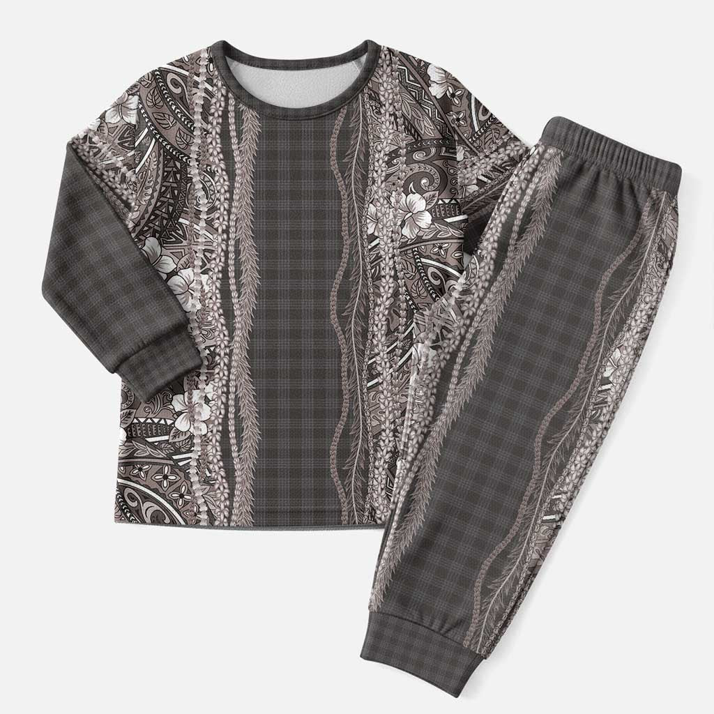 Hawaiian Art Flower Tribal with Lei Christmas Pajama Set Palaka Pattern Grayscale LT03 Men Gray - Polynesian Pride