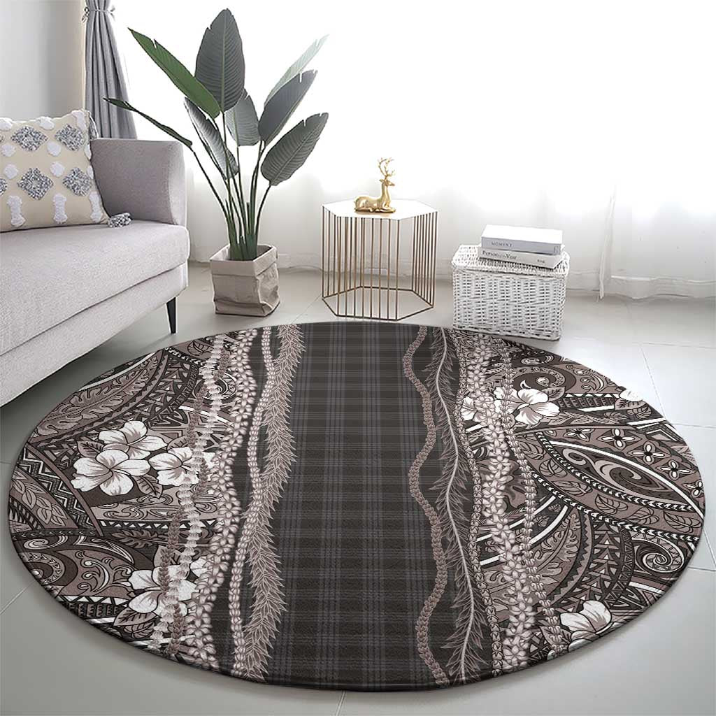 Hawaiian Art Flower Tribal with Lei Round Carpet Palaka Pattern Grayscale LT03 - Polynesian Pride