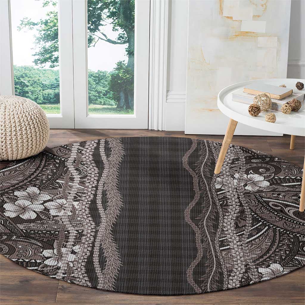 Hawaiian Art Flower Tribal with Lei Round Carpet Palaka Pattern Grayscale LT03 - Polynesian Pride