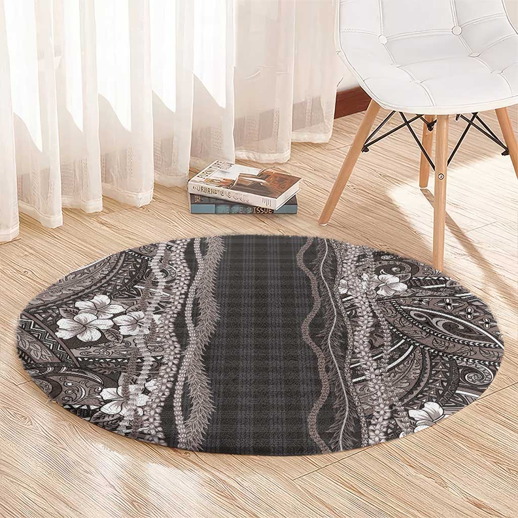 Hawaiian Art Flower Tribal with Lei Round Carpet Palaka Pattern Grayscale LT03 - Polynesian Pride