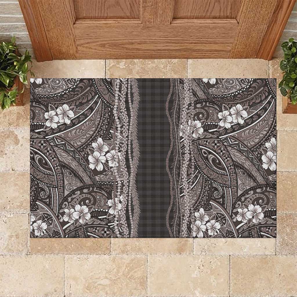 Hawaiian Art Flower Tribal with Lei Rubber Doormat Palaka Pattern Grayscale LT03 Gray - Polynesian Pride