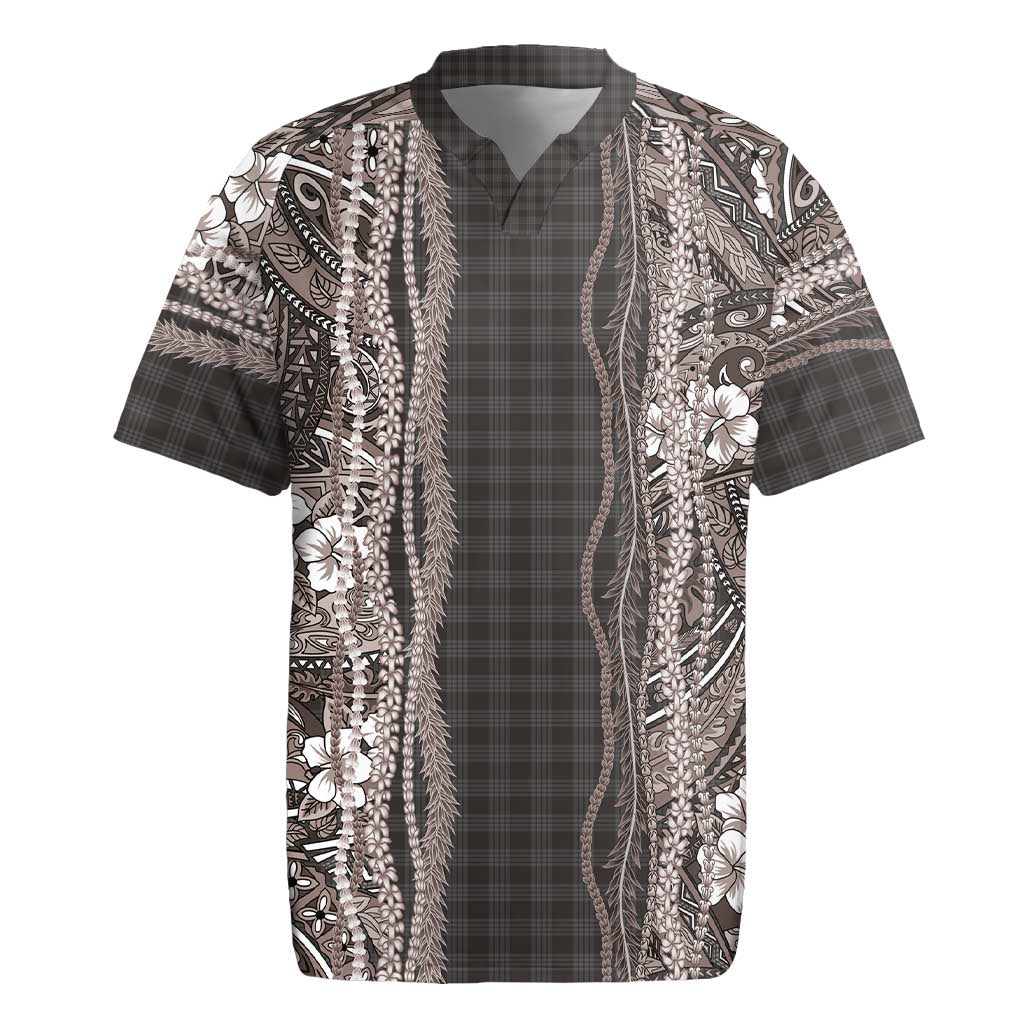 Hawaiian Art Flower Tribal with Lei Rugby Jersey Palaka Pattern Grayscale LT03 Gray - Polynesian Pride