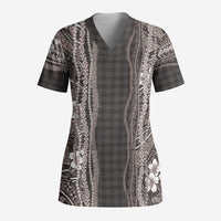 Hawaiian Art Flower Tribal with Lei Scrub Top Palaka Pattern Grayscale LT03 Adult Gray - Polynesian Pride