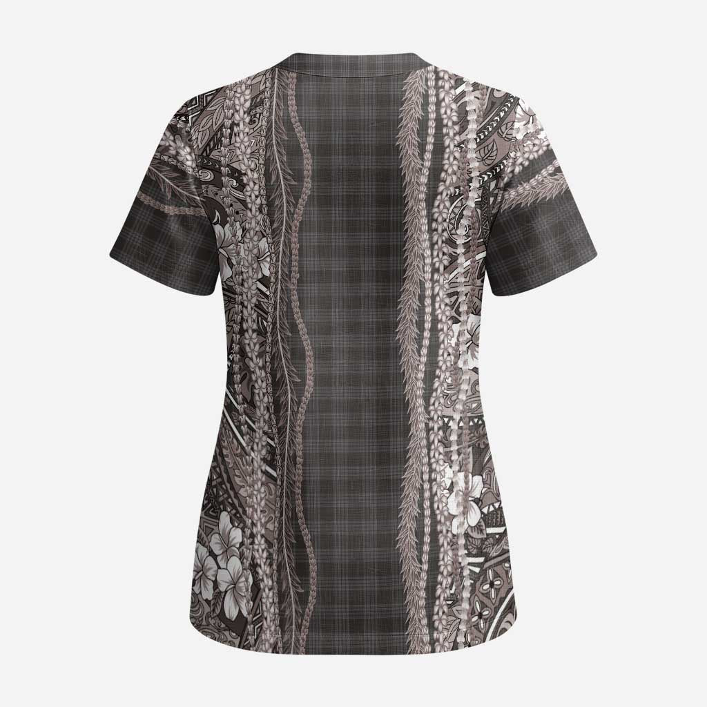 Hawaiian Art Flower Tribal with Lei Scrub Top Palaka Pattern Grayscale LT03 - Polynesian Pride