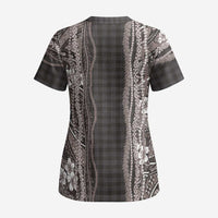 Hawaiian Art Flower Tribal with Lei Scrub Top Palaka Pattern Grayscale LT03 - Polynesian Pride